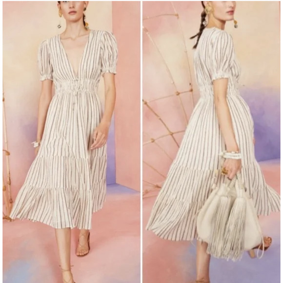 Ulla Johnson Dresses & Skirts - NWT Ulla Johnson Zaria Tiered Metallic Striped Midi Dress 2 XS Puff Sleeve Cream